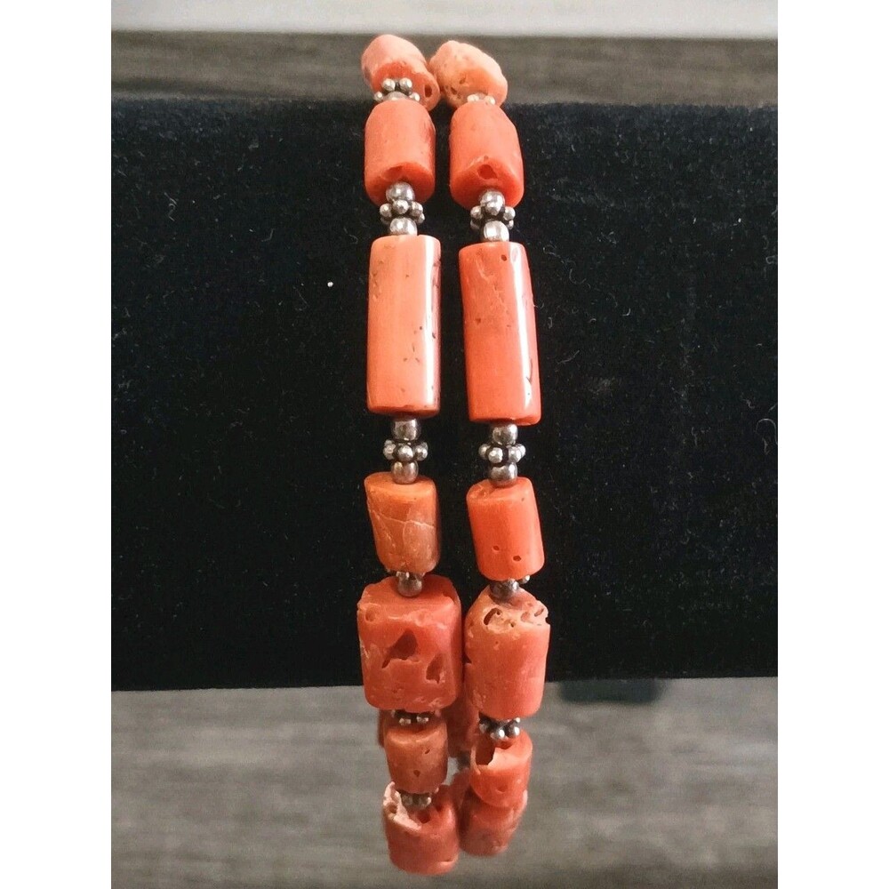 Coral Tube Sterling Silver Double Strand Vintage Bracelet Tested Rare
